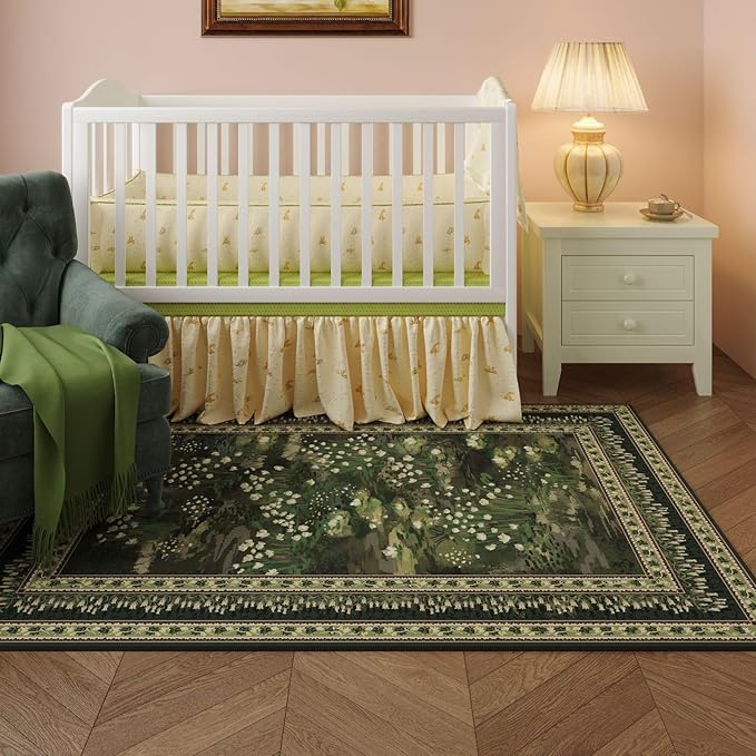 3x5 Washable Rug Impressionist-Style Vintage Non Slip Low Pile Small Carpet for Bedroom Bedside Kitchen Entryway Kids Room Office College Dorm Essentials for Girls, Green