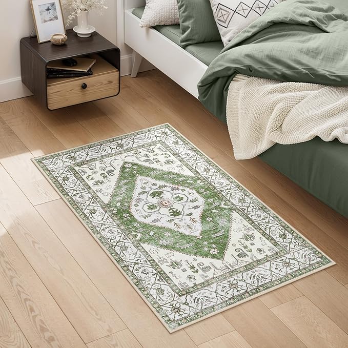 Lahome Boho Indoor Rugs for Entryway - 2x3 Area Rug Non-Slip Backing Washable Inside Door Mats Low-Profile Throw Rugs for Bathroom, Vintage Print Distressed Rug for Kitchen Bedside (Green, 2'x3')