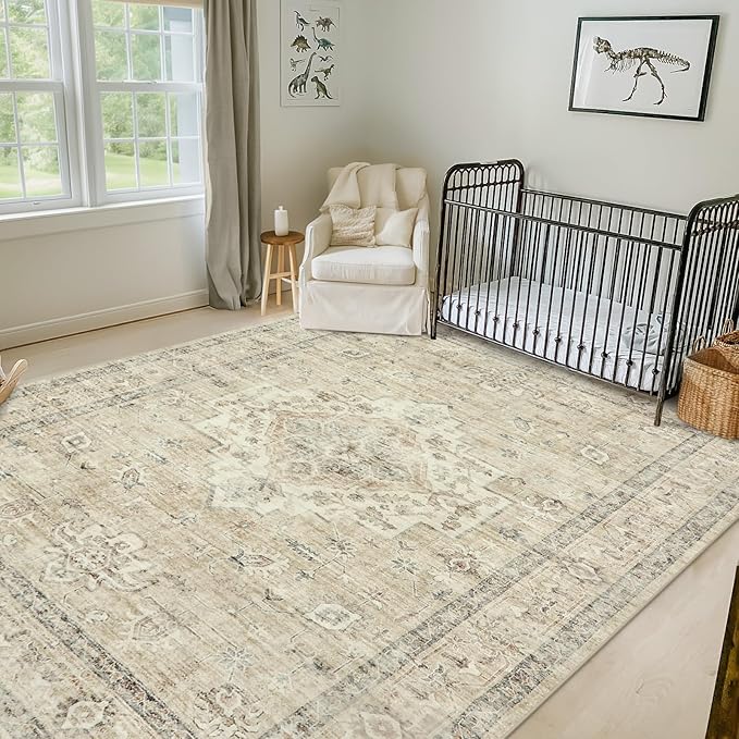 LIVEBOX Washable Area Rug 9x12 Rugs for Living Room Bedroom, Non-Slip Boho Neutral Carpet for Dining Room Office, Low-Pile Farmhouse Soft Carpets for Kids Nursery Room Playroom, Tan