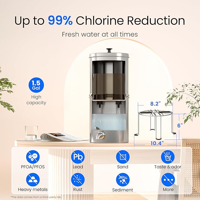 Waterdrop Gravity-fed Water Filtration System, NSF/ANSI 42&372 Certified Black Carbon Filters, Reduce Lead and Up to 99% Chlorine, with Stainless Steel Stand, 1.5 Gallons
