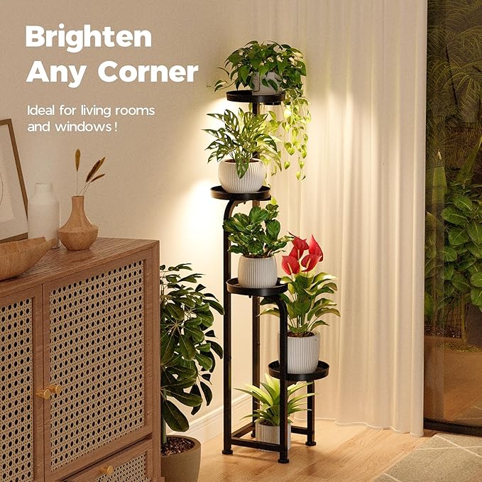 Bamworld Plant Stand with Grow Light, Corner Metal Flower Pot Stands for Multiple Plants, 4 Tier Heavy Duty Plant Shelf for Patio Garden Balcony Living Room Bedroom(Patent Design)