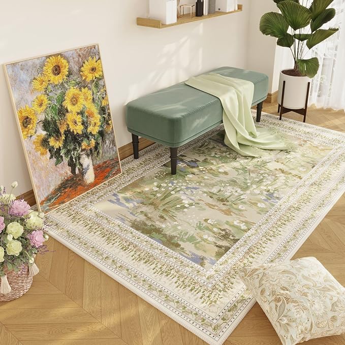 4x6 Rug for Bedroom Impressionist-Style Vintage Washable Rugs Non Slip Low Pile Small Carpet for Bedside Kids Room Office Dining Room, Beige
