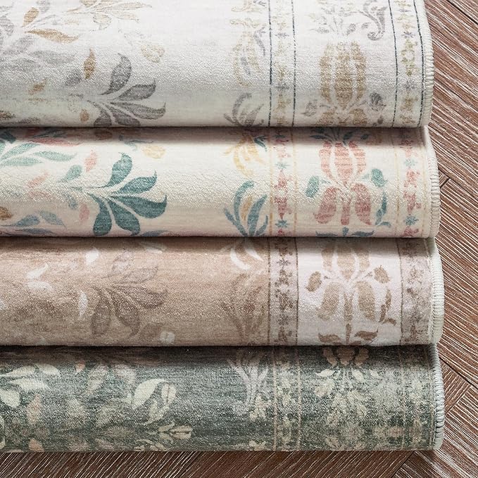 jinchan Vintage Floral Runner Rug 2x5 - Machine Washable Distressed Design Non-Slip Low-Pile Soft Thin Carpet for Hallway Kitchen Farmhouse Bedroom Entryway Laundry Room (2x5ft,Light Grey)
