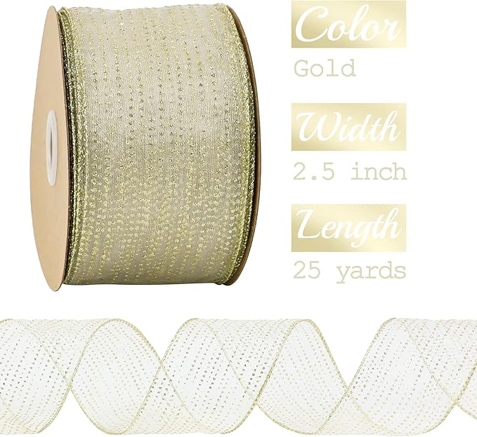 MEEDEE Glitter Gold Wired Ribbon 2.5 Inch Horizontal Stripes Polka Dot Christmas Ribbon Organza Sheer Glitter 25 Yards Gold for Christmas Tree, Wreath Bow Making