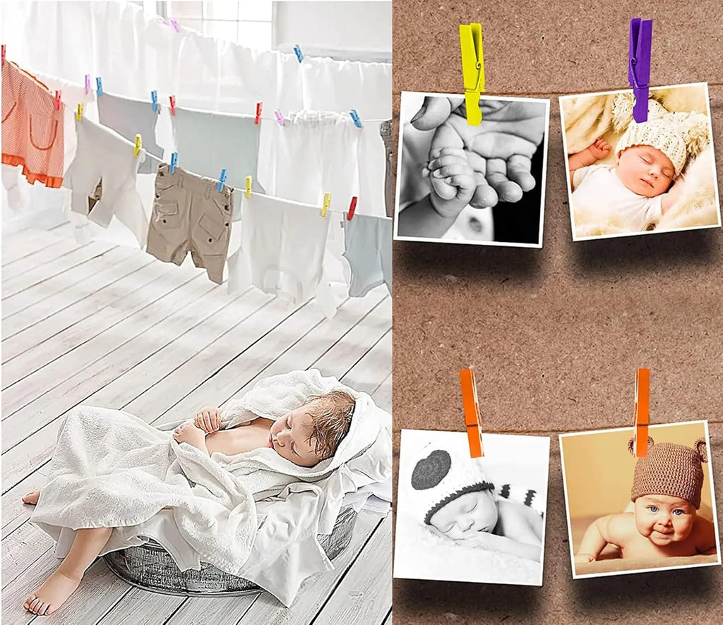 1.9" Yellow Wood Clothes Pins Easter Party Art Display Hanging Kit Place Card Holder Clothespin with Jute Rope Pack 50
