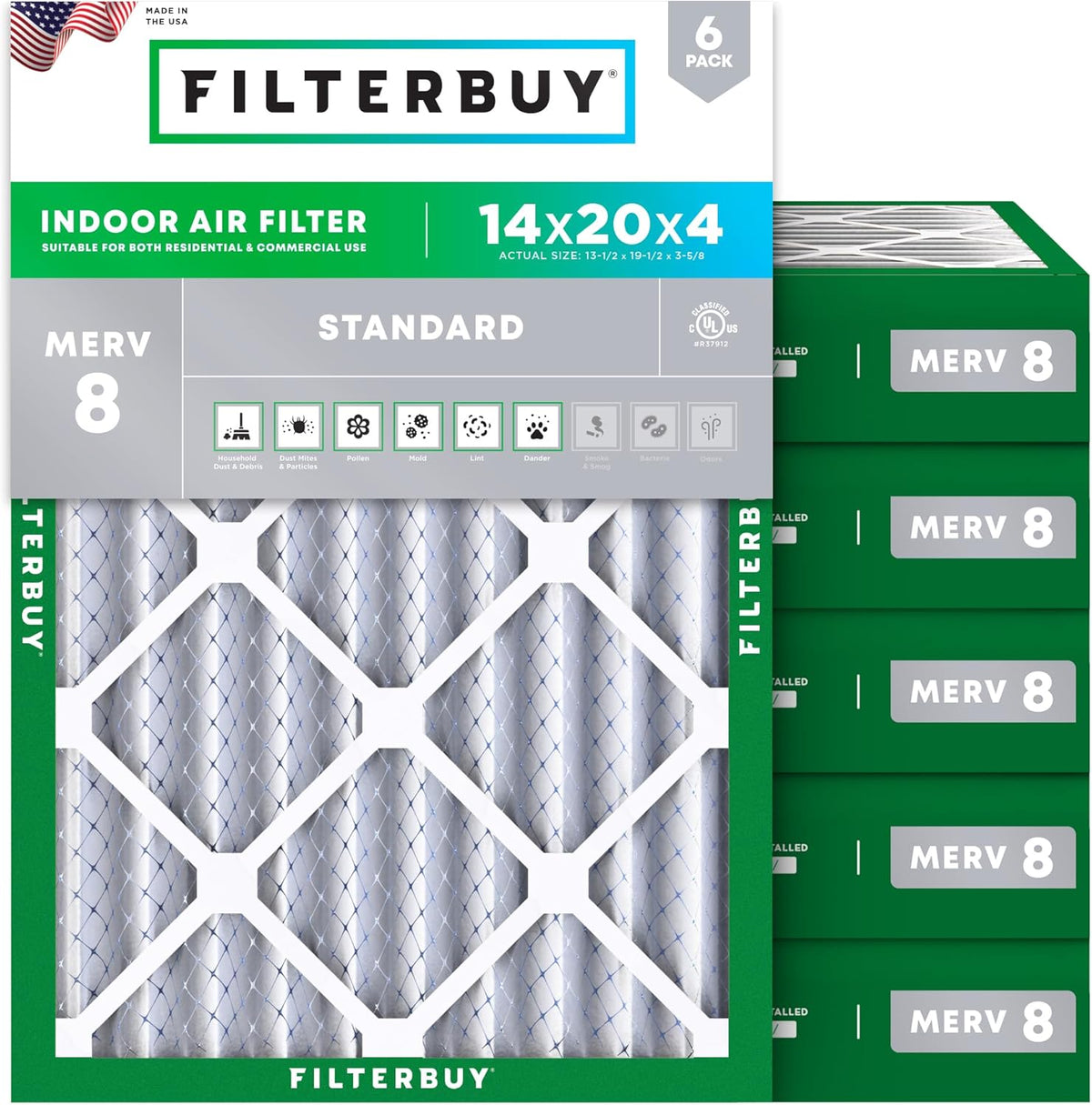 Filterbuy 14x20x4 Air Filter MERV 8 (MPR 700) Dust Defense Replacement (6-Pack), Electrostatic Pleated HVAC AC Furnace Filters, Made in USA (Actual Size: 13.50 x 19.50 x 3.63)