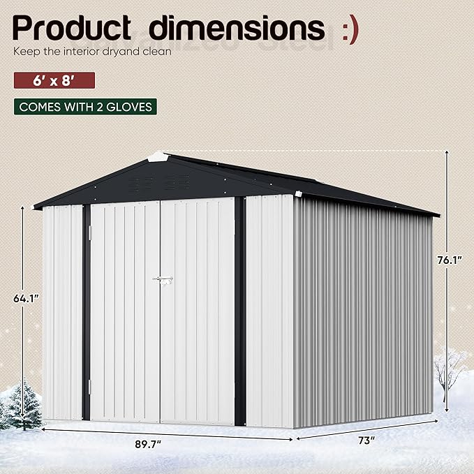 GUNJI 8 x 6 FT Shed Outdoor Storage Shed Metal Garden Shed with Lockable Door Outside Waterproof Tool Shed for Backyard, Patio, Lawn (White)
