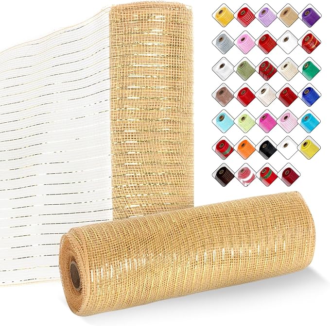 2 Rolls Mesh Ribbon for Wreaths 10 Inch x 30 Foot Wreath Mesh Rolls with Metallic Foil for Easter Christmas Party Wedding Home Decor DIY Craft Projects and Gift Wrapping(Champagne)