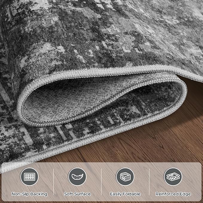 Runner Rug for Hallways Kitchen 2'6"x8' Washable, Non Slip Carpet 8ft Area Rugs Entryway Rubber Backed 8 Feet Neutral Abstract Modern Low Pile Indoor Black Grey