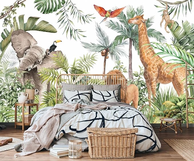 Kids Safari Giraffe Wallpaper Tropical Palm Tree Jungle Forest Plants and Animals Wall Mural for Nursery Living Room Bedroom Dining Room Basement(Not Self-Adhesive)