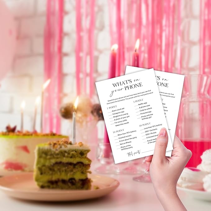 Birthday Party Games, What's on Your Phone, 25 Pcs Card Set for Guests, Fun Birthday Game for Teen Adults – A07