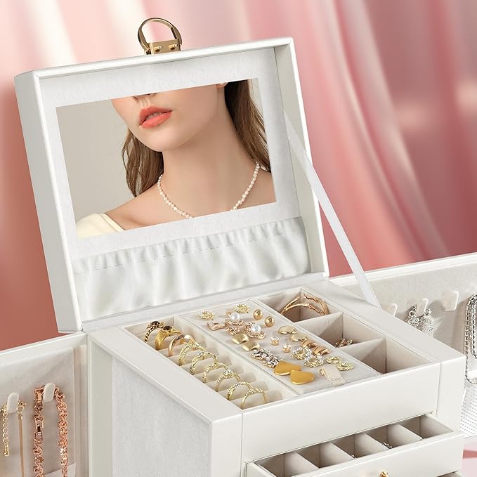 5-Layer Jewelry Box with 4 Drawers, Huge Portable Jewelry Organizer with Lock and Mirror for Women, for Necklace Ring Earring Bracelet Storage, Lockable Jewelry Case, White