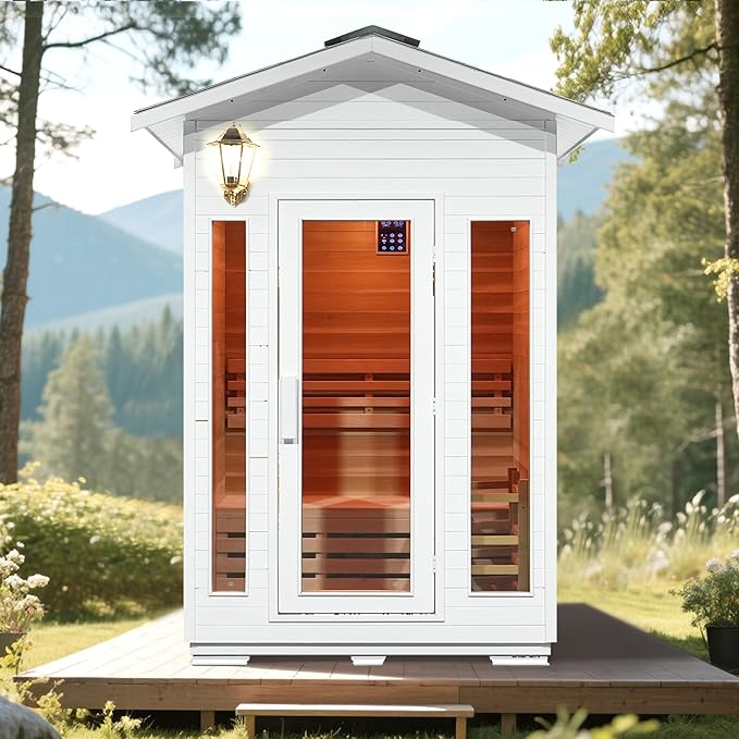 1-2 Person Outdoor Wooden Sauna Room,Canadian Cedar 220V 6KW Electric Stove Backyard Steam Sauna Kit with Light (White)