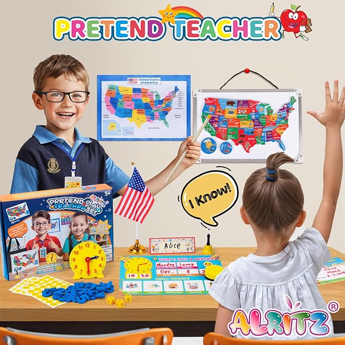 Alritz Pretend Teacher Playset, Role Pretend Play Kids School Toys Kit Include Map, Calendar, White Board Boys Girls Toys, Christmas Birthday Gift for Ages 5 6 7 8 9 10 11 12 13+