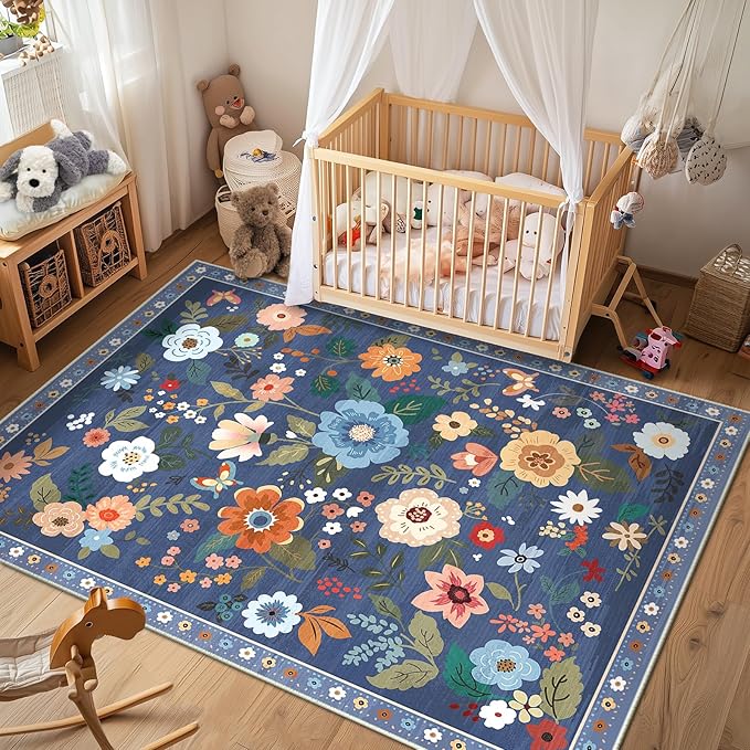 Floral 6x9 Area Rug Machine Washable Soft Print Boho Carpet Non Slip Doormat Low Pile Flower Area Rugs for Living Room Bedroom Nursery Kitchen Dining Room Indoor-Blue/Grey