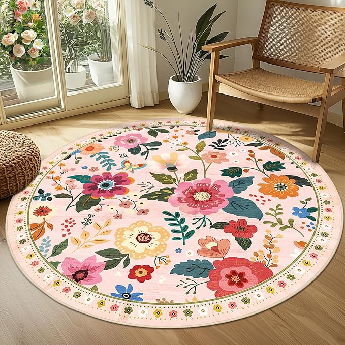 Floral 4ft Area Rug Machine Washable Soft Print Boho Carpet Non Slip Doormat Low Pile Flower Area Rugs for Living Room Bedroom Nursery Kitchen Dining Room Indoor-Pink