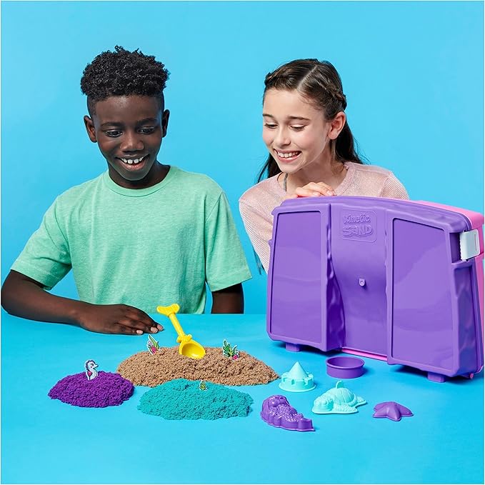 Kinetic Sand, Mermaid Palace Playset Folding Sandbox with 2.06lbs Play Sand (Neon Purple, Shimmer Teal & Beach), Tools, Sensory Toys, Holiday Gifts & Stocking Stuffers for Kids Ages 3 and up