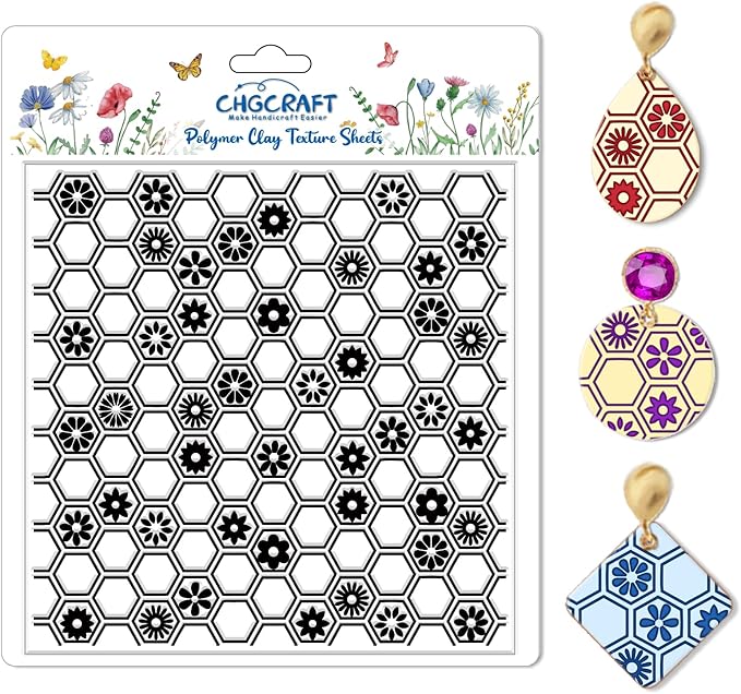 CHGCRAFT Honeycomb Pattern Polymer Clay Texture Sheet Flowers and Hexagonal Silicone Texture Mat for Polymer Clay Making Earrings Jewelry DIY Crafts 5.5 × 5.5 Inch