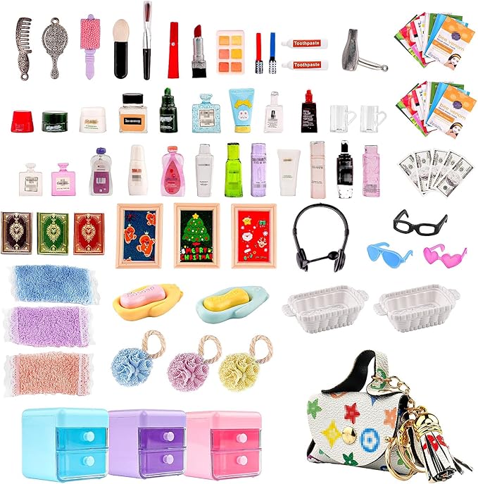 87Pcs Dollhouse Miniature Bathroom Accessories Cosmetic & Toilet Pretend Play Mini Makeup Set with Shampoo Perfume Hair Dryer Comb Purse Decor DIY Doll Backpack Glasses Photo Frame Salon Spa