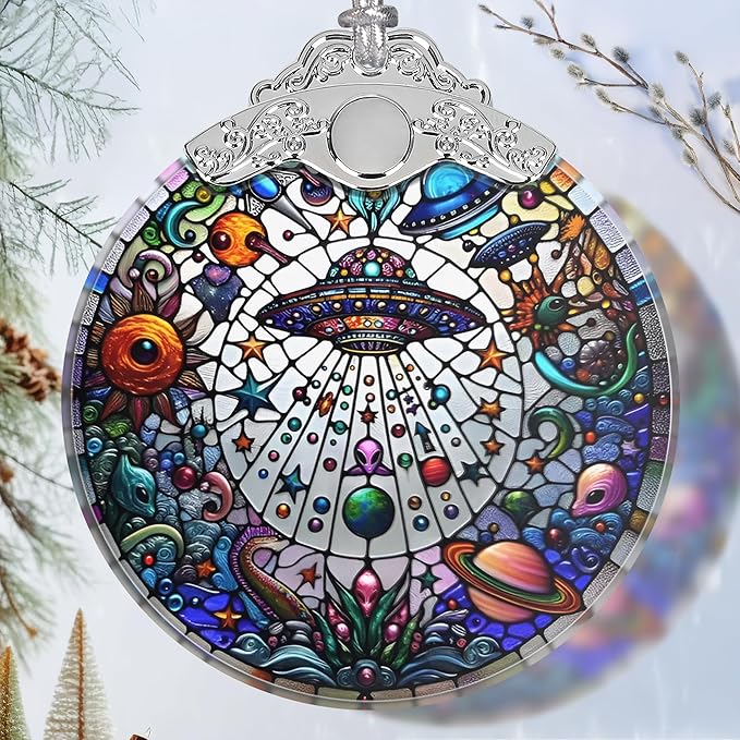Stained Glass UFO and Alien Christmas Ornament - Holiday Home Decor - Tree Decoration - Gift Exchange Idea