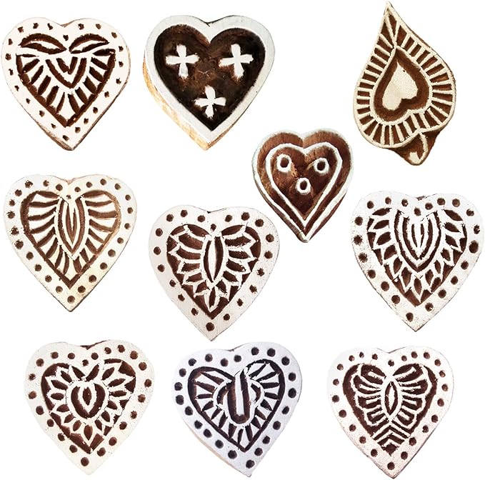Royal Kraft Heart Wooden Printing Stamps (Set of 10) - DIY Henna Fabric Textile Paper Clay Pottery Blocks Htag2170