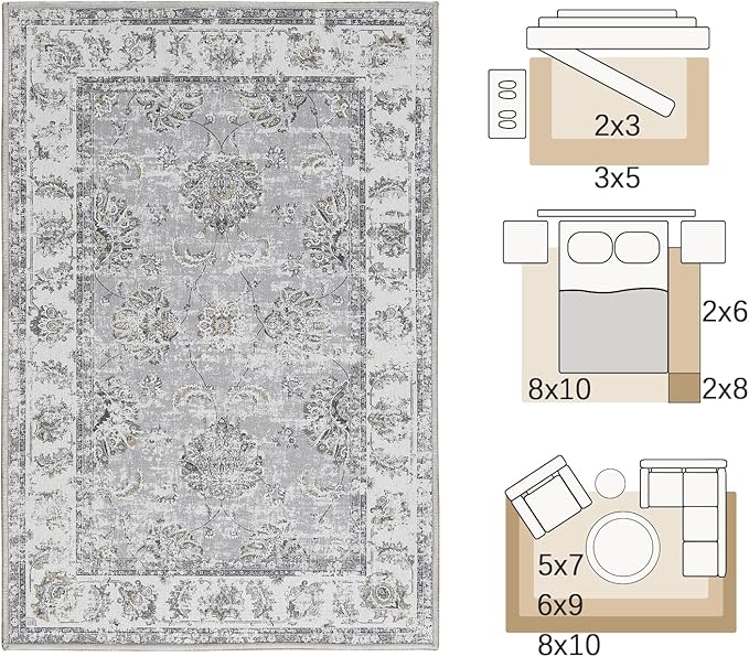 jinchan Vintage Floral 5x7 Area Rugs for Bedroom - Machine Washable Distressed Design Stain Resistant Boho Carpet Ultra-Thin Low Pile Non-Slip Rug for Living Room Dining Room Kitchen (5‘x7',Grey)