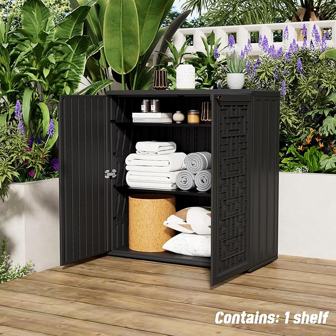 Indoor Outdoor Storage Cabinet Waterproof with Shelf,Plastic Storage Sheds Outdoor Cabinets for Patio/Garden/Backyard, Size 34.3''L*15''W*36.2''H（Black）