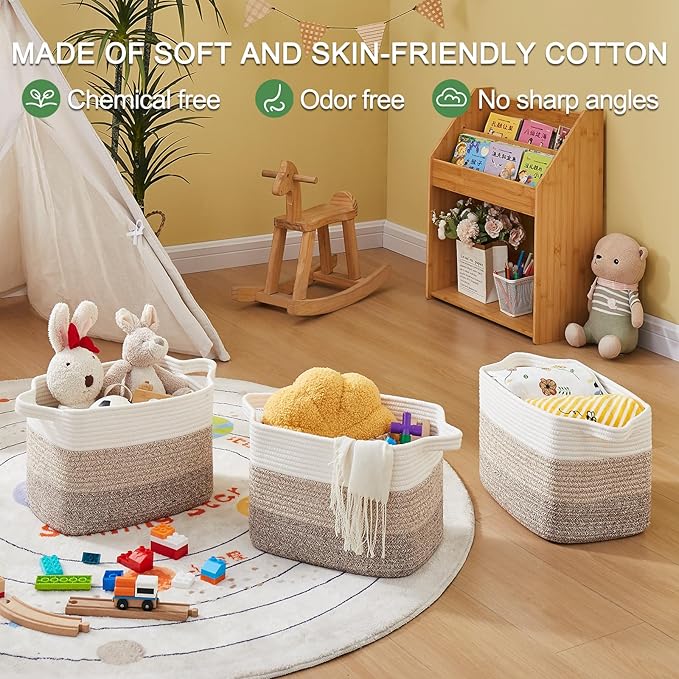 OIAHOMY Storage Basket, Woven Baskets for Storage, Cotton Rope Basket for toys,Towel Baskets for Bathroom - Pack of 3, Gradient Yellow