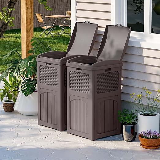Patiowell 36 Gallon Outdoor Trash Can, Resin Outdoor Garbage Can with Lid for Patio, Backyard, Deck, Dark Brown (2 Pack)