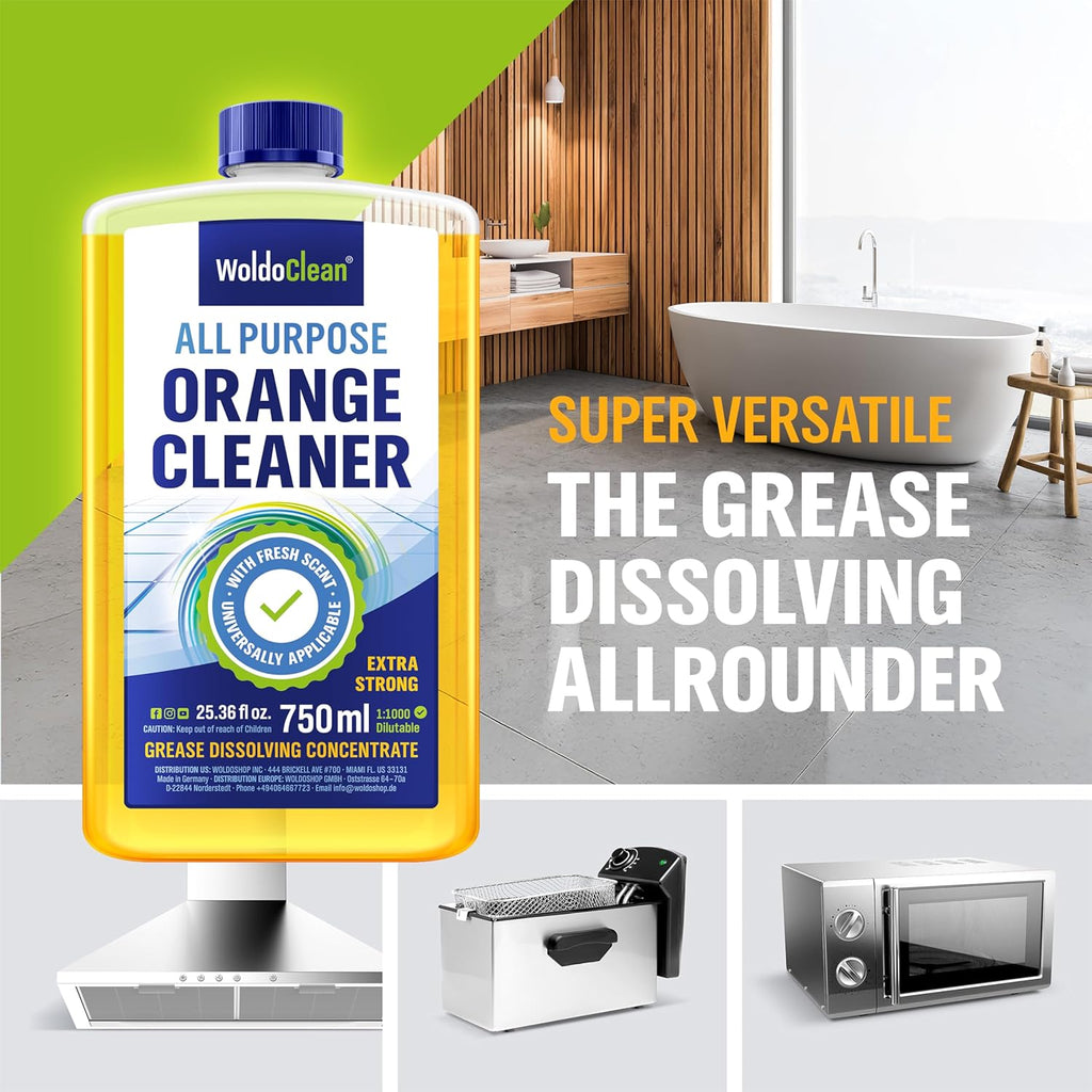 WoldoClean Orange Oil Cleaner Concentrated 25.36 fl oz (1 : 1000) - makes up to 200 Gallons Multi-Use Adhesive & Grease Remover, Custom-Dilution Citrus Degreaser for Floors, Kitchen & Bath
