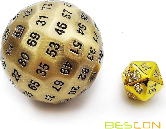Bescon Solid Metal 100 Sided Dice, Game Dice D100, Giant Polyhedral Metal 100 Sides Dice 50MM in Diameter (1.97in), Ancient Brass