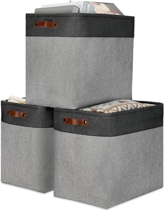 DULLEMELO Grey Storage Baskets for Organizing 3 Pack Fabric Shelf Baskets for Gifts Empty Large Storage Organizer for Closet,Clothes,Toys,Bedroom (Black&Grey)