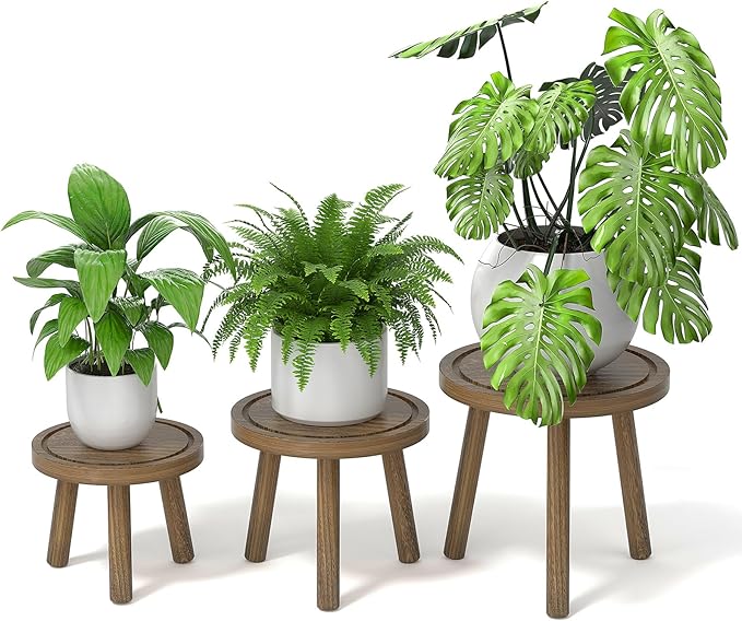 3-Pack Wood Plant Stands Indoor, Single Plant Stand for 6-12 Inch Pots, Mid-Century Modern Plant Stool, Tall Plant Stand for Large Plants for Living Room, Balcony, Office (Dark Gray)