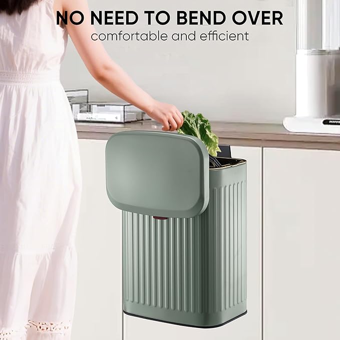 2.11Gallon 8L Carbon Steel Trash Can Door Compost Bin Wall Mounted 2 Ways Sliding Lid Compost Bin Countertop Kitchen Hanging Cabinet Door Trash Bin Metal Garbage Bin Cubo de BasuraGreen