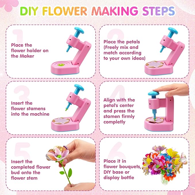 Jefunmore Flower Bouquet Toys, DIY Arts and Crafts for 3-8 Year Toddler Girl, Birthday Gifts for 3 4 5 6 7 8 9 Year Old Girls, Flower Crafts Kit for Kids for Preschool Learning and B-Day Gifts