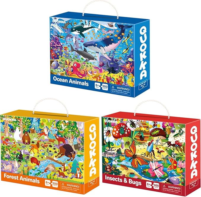 QUOKKA 300 Pieces Puzzles for Kids Ages 8-10 - 3X Set Floor Jigsaw Puzzles - Toy for Learning Ocean & Vimel & Bugs for 10-12 Year Old – Jigsaw Educational Game Gift for Boys and Girls