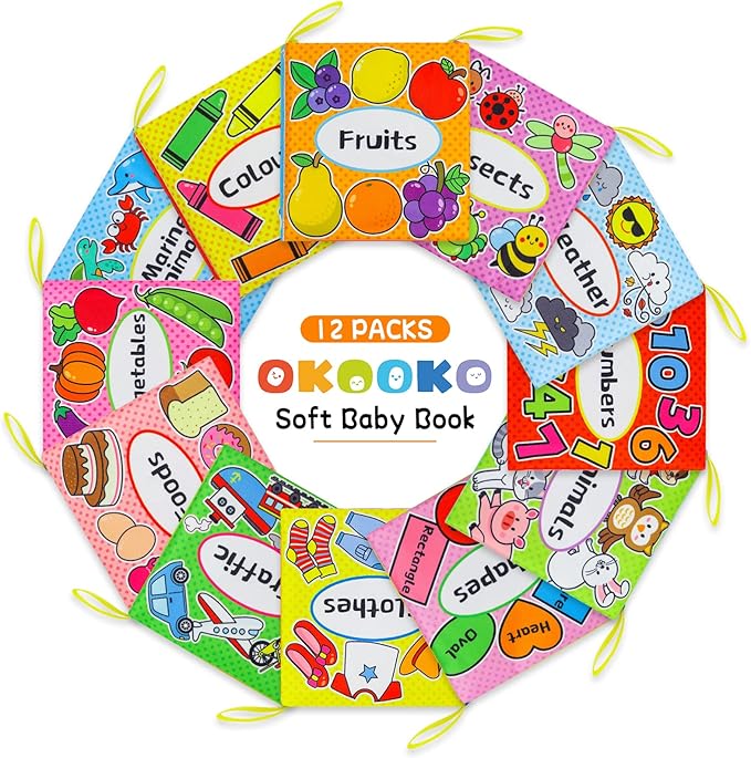 OKOOKO 12PCS Soft Baby Books, Soft Cloth Books, Bath Toys, Crinkle Washable Non-Toxic Early Education Preschool Learning Toy for Newborns Babies Infants Toddlers Kids