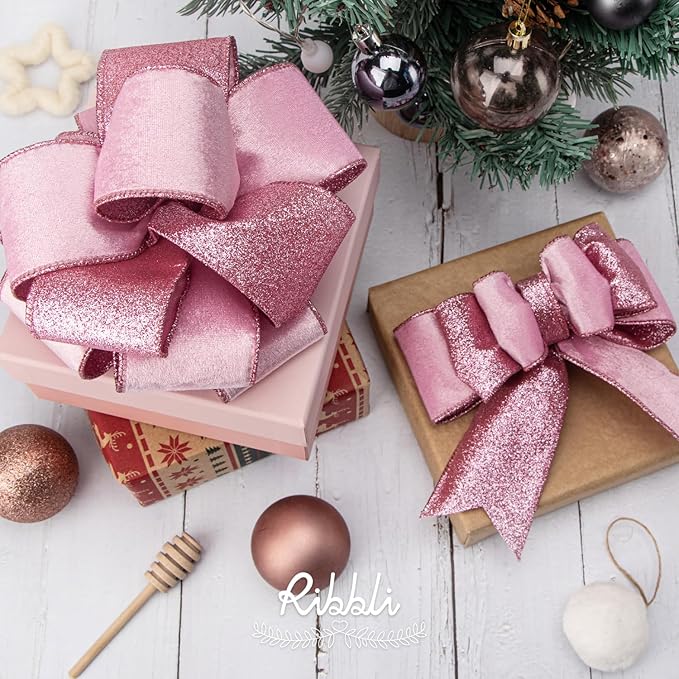 Ribbli Pink Velvet Wired Ribbon 2.5 Inch Velvet with Glitter Christmas Ribbon for Tree Decoration Big Bow Gift Wrapping Crafts Wreaths Supplies - 10 Yards