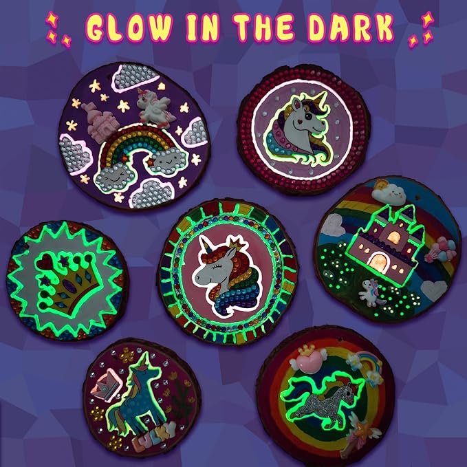 klmars Unicorn Themed Wooden Painting Kit-Glow in The Dark-Arts & Crafts Gifts for Kids Girls Ages 5-12-Wood Slice Craft Activities Kits -Unicorn Art Toys for Kids Christmas Gifts