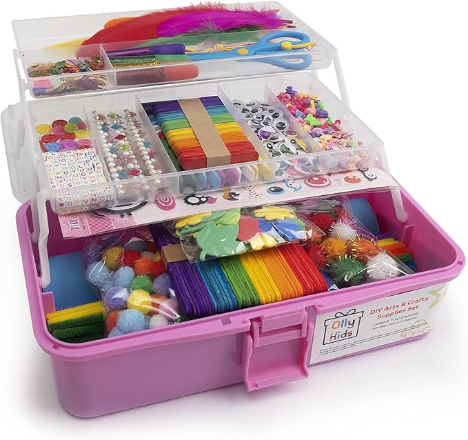 Olly Kids Arts and Crafts Supplies for Kids Girls 4 5 6 7 8 9 10 11 & 12- Ultimate Crafting Supply Carboodle in Portable 3 Layered Plastic Art Box