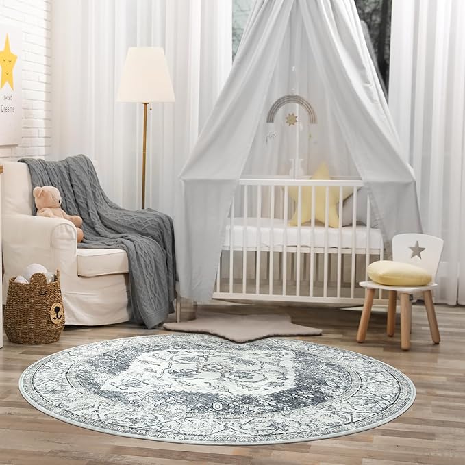 Lahome Boho Round Rugs - 4Ft Washable Non-Slip Small Round Area Rug for Bedroom Grey Lightweight Round Throw Rug, Oriental Distressed Print Indoor Circle Rugs for Bedroom Entryway Bathroom Kitchen