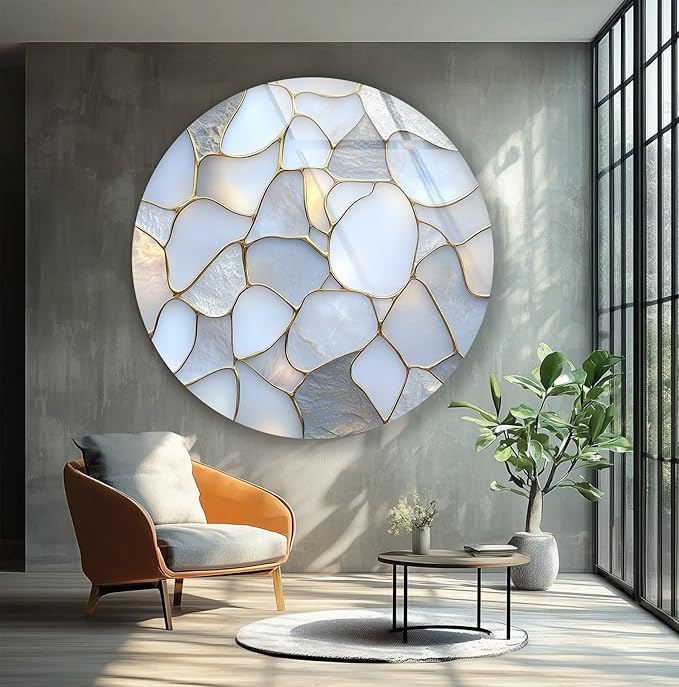 My Photostation.com 24''(60cm) Diameter White Stone Mosaic Round Glass Wall Art Tempered Glass Printing Wall Decor Large Wall Art Wall Hangings