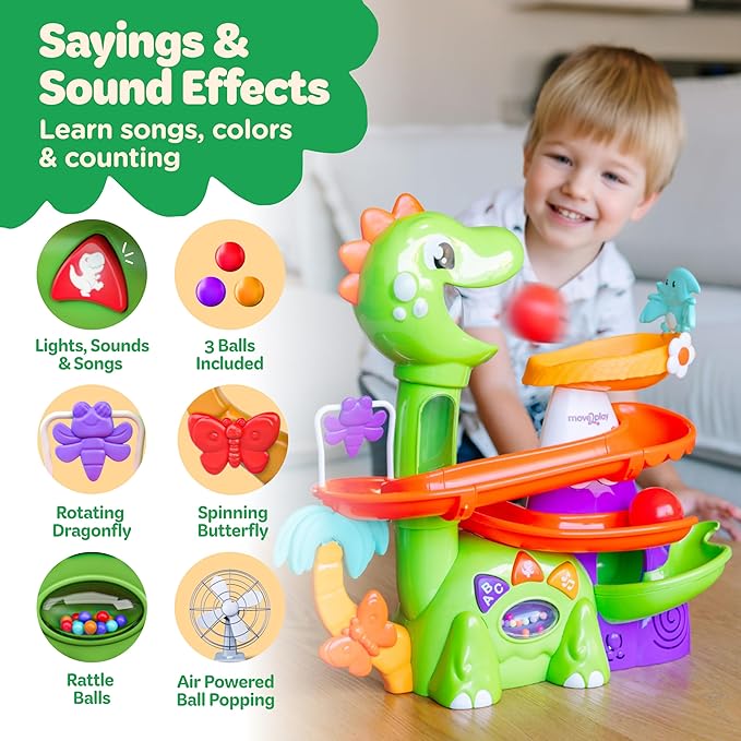 Move2Play, Air-Powered Dinosaur Ball Popper | 30+ Songs, Sayings, & Lights | Baby & Toddler Toys Ages 6 7 8 9 10 12+ Months | Boy & Girl Gift for 1, 2+ Year Olds | Birthday Present