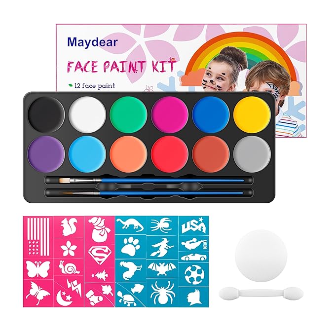 Maydear Face Painting Kit for Kids with 12 Colors Safe and Non-Toxic Large Water Based Face Paint (Matte)