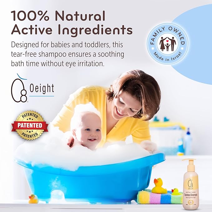 Oeight Tearless Baby Shampoo, Hypoallergenic & Dermatologically Tested Baby Shampoo, 100% Natural Active Ingredients with Chamomile, Parabens & SLS Free, Fragrance Free, for Sensitive Scalp, 200 ml