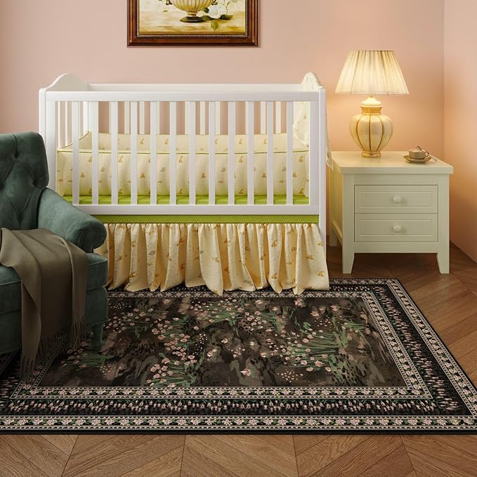 5x7 Area Rugs Impressionist-Style Vintage Washable Area Rug Non Slip Low Pile Large Rugs for Living Room Bedroom Farmhouse Dining Room Kids Playroom, Black