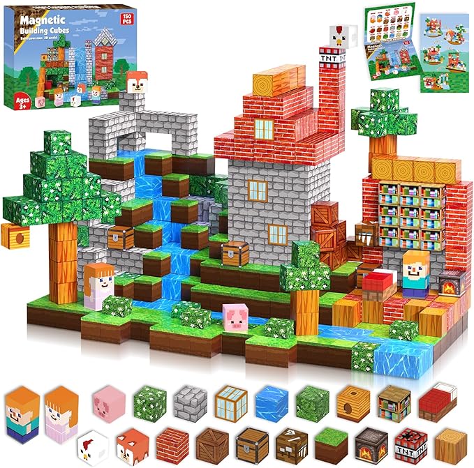 Magnetic Blocks-150PCS Grassland Magnetic Building Blocks Set, Kids Classroom Sensory Toy for Toddlers STEM Learning, Construction Stacking Toy for Kids 3+ Boys and Girls Christmas Birthday Gifts