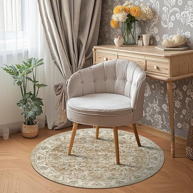 jinchan Round Rug 5ft Area Rug - Indoor Vintage Hallway Circle 5' Washable - Ultra-Thin Low Pile Soft Small Non Slip Distressed Floral Print for Living Room Dining Room Bedroom Entryway Taupe