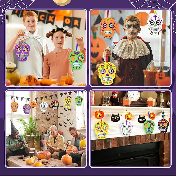 Fennoral 12 Pack Day of The Dead Craft Kits for Kids Make You Own Skull Foam Stickers Ornament DIY Arts and Crafts for Girls Boys Halloween Party Favors Supplies Halloween Decoration