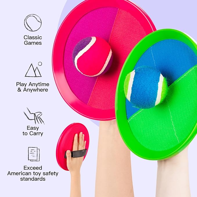 EVERICH Upgraded Toss and Catch Ball Game Set - Indoor and Outdoor Games for Kids 3-12, Beach Sand Pool Water Toy Includes 4 Paddles 4 Sticky Balls, Great Birthday Easter Gifts for Boys Girls